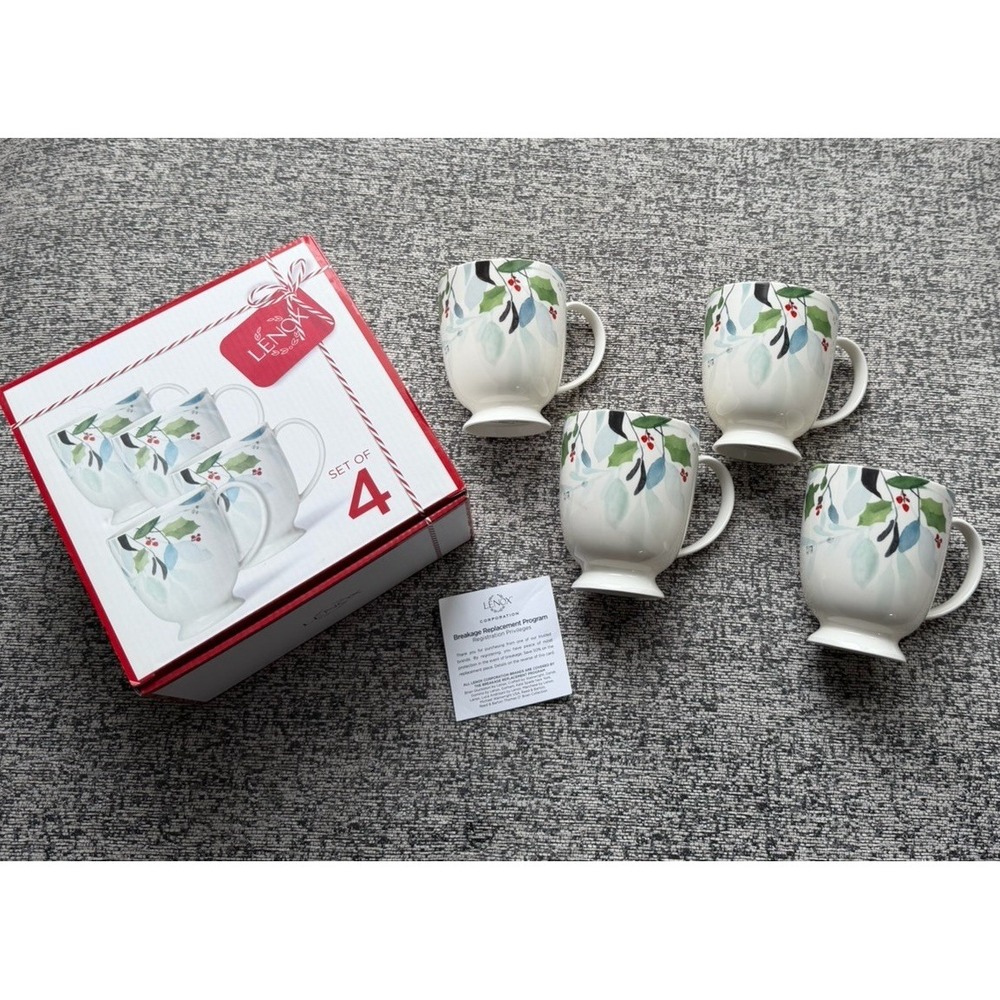 Lenox Frosted Pines Holiday Mugs Set of 4 New in Box Christmas Coffee Cups